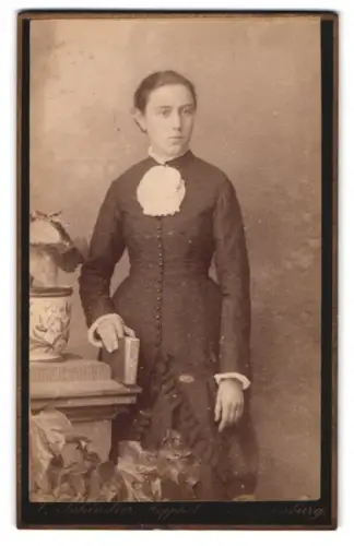 Fotografie P. Schindler, Regensburg, Strasse zur schönen Gelegenheit, Dame in elegantem Kleid