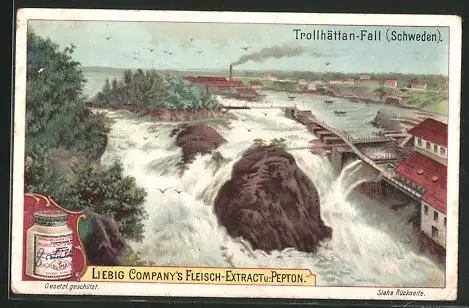 Sammelbild Liebig, Fleisch-Extrakt und Pepton, der Trollhättan-Fall in Schweden