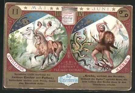 Sammelbild Liebig, Fleisch-Extrakt und Pepton, der Tierkreis, Zwillinge und Krebs