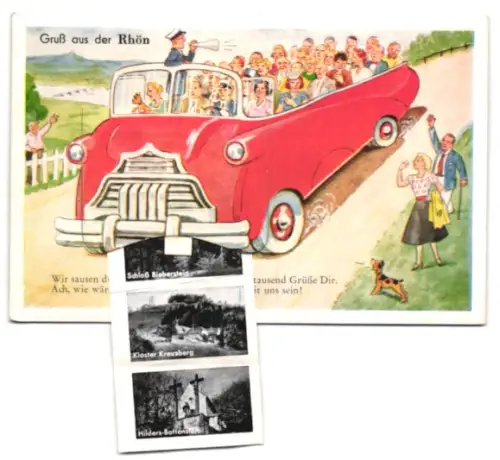 Leporello-AK Milseburg, Wasserkuppe, Wachtküppel, Schloss Bieberstein, Gruss aus der Rhön, Urlauber im offenen Bus