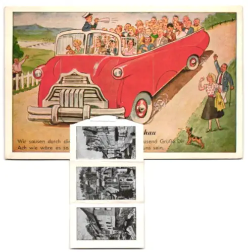 Leporello-AK Monschau, Rurpartie, Ev. Kirche, Stadtstr., Eschbachstr., Laufenstr., Haller Ruine, Urlauber im offenen Bus
