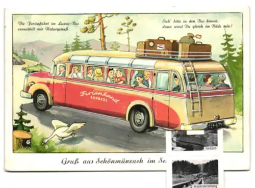 Leporello-AK Schönmünzach /Schwarzwald, Forbach, Druckrohrleitung, Schwarzenbachtalsperre, Urlauber unterwegs m. d. Bus