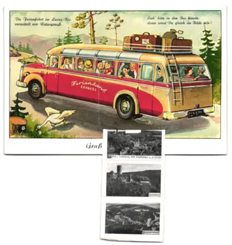 Leporello-AK Stromberg, Kurhaus, Blick zur Fustenburg, Ortsansichten, Urlauber unterwegs im Bus