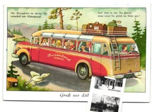 Leporello-AK Lübeck, Burgtorbrücke, Rathaustreppe, Holstentor, Heiligen-Geist-Hospital, Urlauber unterwegs m. d. Bus