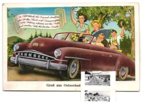 Leporello-AK Grömitz /Ostsee, Strandleben, Strassenpartie, Kellenhusen und Dahme, Familie unterwegs mit dem Auto