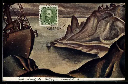 Künstler-TCV-AK sign. V. Nikodem: Landscape on the Volga, Bildseitenfrankatur