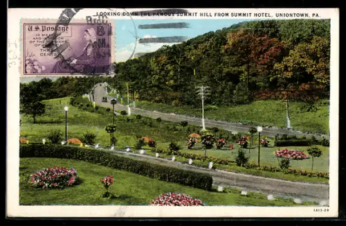 TCV-AK Union Town, PA, Looking down the famous Summit Hill from Summit Hotel, Bildseitenfrankatur