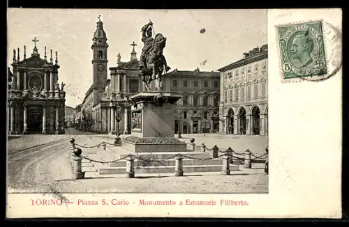 TCV-AK Torino, Piazza S. Carlo, Monumento a Emanuele Filiberto, Bildseitenfrankatur