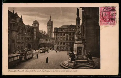 TCV-AK Frankfurt a. M., Paulplatz mit Rathaus und Einheits-Denkmal, Strassenbahn, Bildseitenfrankatur