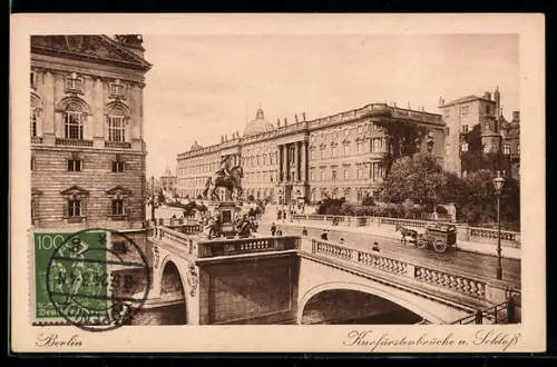 TCV-AK Berlin, Kurfürstenbrücke mit Schloss und Reiterdenkmal, Bildseitenfrankatur