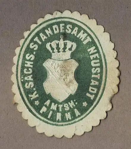 Siegelmarke Sachsen: K. SÄCHS. STANDESAMT NEUSTADT / AMTSH: PIRNA