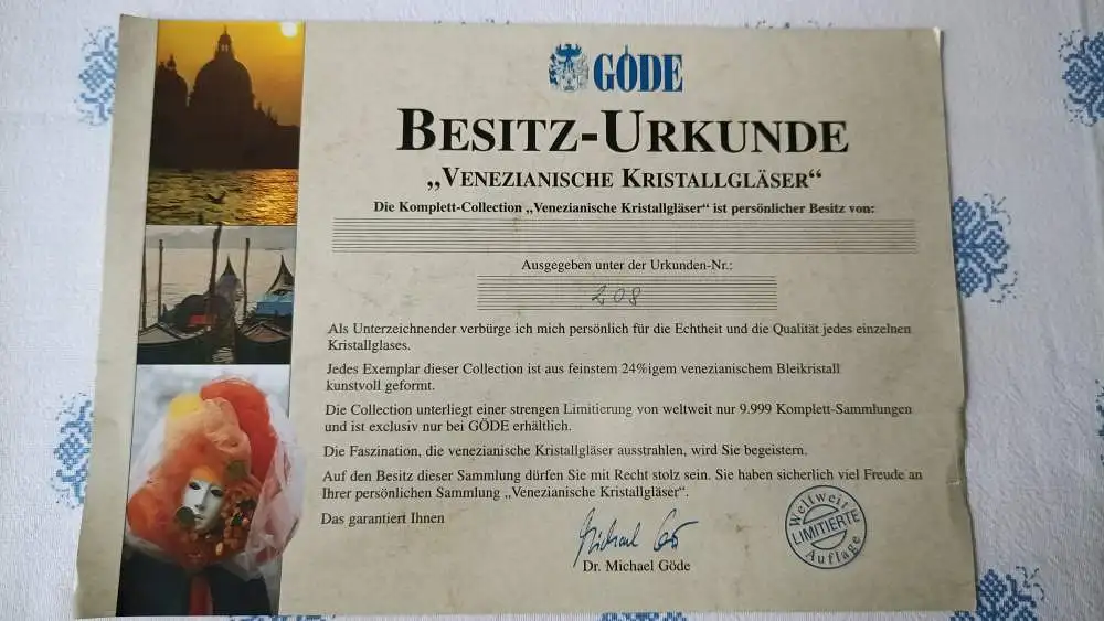 Exklusives Venizianisches Kristallglas-Set 37-teilig | 24% Bleikristall | Echtgolddekor | Karaffe & Gläser 10