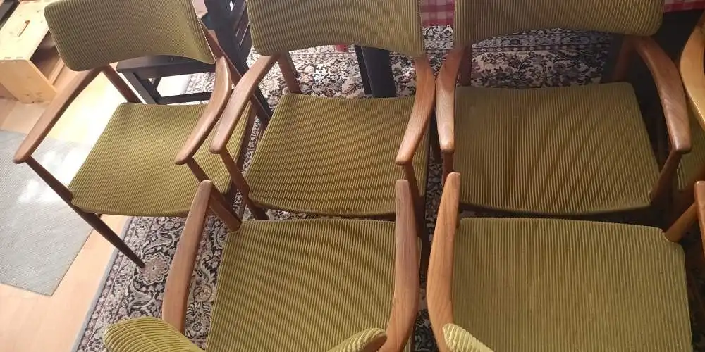 8 Stk. HALI / Wiesner & Hager Vintage Sessel - Teak-/ Buche-Massivholz & grüner Cord - 60/70er Jahre - Top Zustand 5