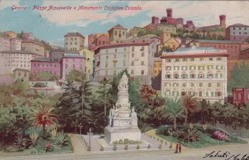 #GENUA dis.: PIAZZA AQUAVERDE E MON. C. COLOMBO - Aufl. J.R.N. RETRO 'UNION...