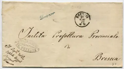 KÖNIGREICH, FALZ, KURSIVE ANNULLIERUNG LAVÓN (BRESCIA), 1872, + IST. BREGOLI PEZZAZE m