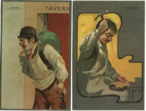 FRANKREICH, SET 2 POSTKARTEN, TAGE, DONNERSTAG (IN DER TAVERNE), FREITAG, ERSTE '900er m