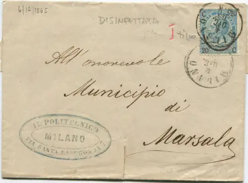 KÖNIGREICH, ANNULLIERUNG MAILAND 1865, BRIEFMARKE C20 HUFEISEN I TYP, DESINFIZIERT m
