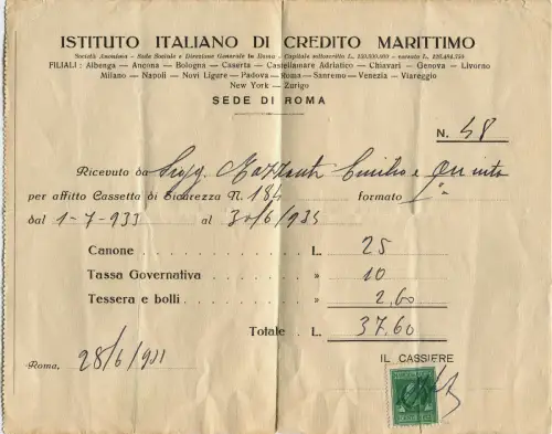 ROM, MARITIMES KREDITINSTITUT, QUITTUNG X SAFE, 1933, MARKE m