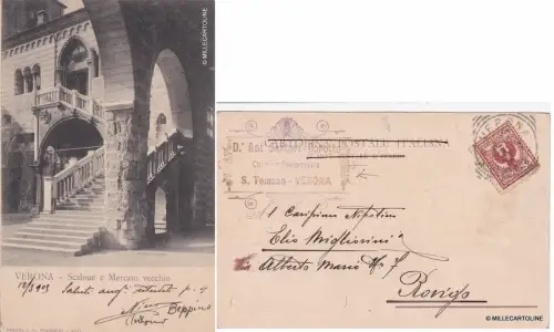 # VERONA: TREPPE UND ALTER MARKT - AUF DER RÜCKSEITE STEMPEL Dr. SARTORI ... APOTHEKER