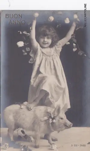 # WÜNSCHE: GUTES NEUES JAHR .. MÄDCHEN MIT SCHWEINCHEN (Fotokarte)