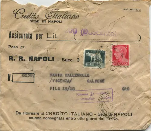 NEAPEL, KREDITVERSICHERUNG IT. FÜR CALVENE, OKTOBER 1940, L2,55 + C20 PERFIN CI m