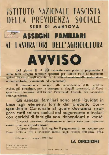 MANTUA, MAI 1944, BEKANNTMACHUNG FAMILIENZULAGEN ARBEITER LANDWIRTSCHAFT m