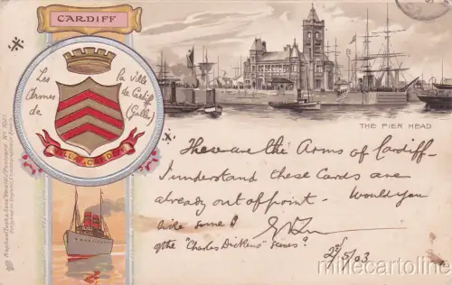 * CARDIFF - The Pier Head, Ship and Coat of Arms 1903