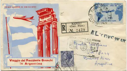 ITALIEN, UMSCHLAG, BESUCH PRÄSIDENT ARGENTINIEN, APR 1961, BRIEFMARKE L.170 + L.15 m