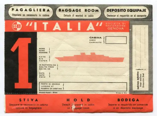 NAVIGATION, 'ITALIA' FLOTTE GENUA, 1. KLASSE GEPÄCKRAUMLABEL m
