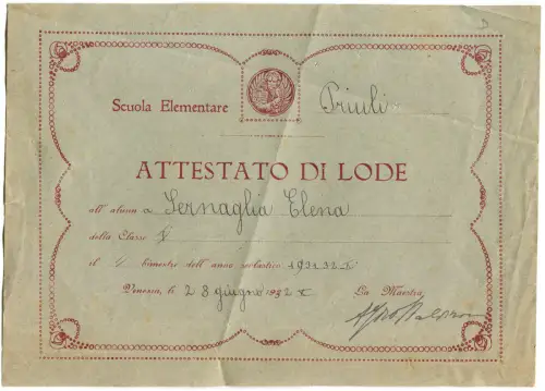 GRUNDSCHULE 'PRIULI' VENEDIG, LOBEURKUNDE, 1932 m