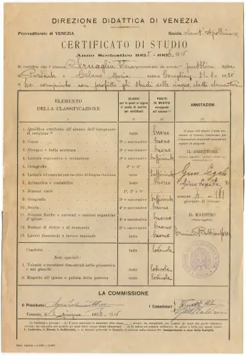 VENEDIG, DIDAKTISCHE LEITUNG, STUDIENZEUGNIS, 1936, ABGESCHLOSSENE GRUNDSCHULE m