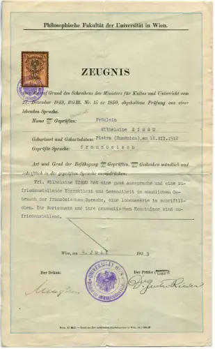 UNIVERSITÄT WIEN, ZERTIFIKAT ZEUGNIS, 1929, STEMPELMARKE 1 1/2 SCHILLING m