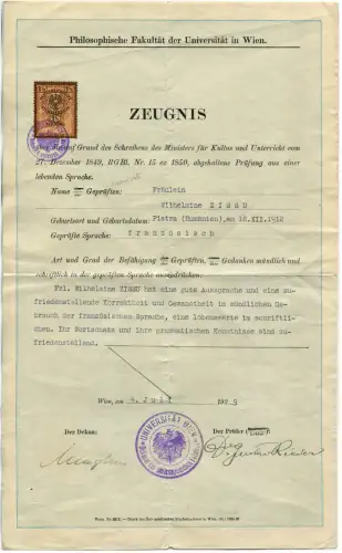 UNIVERSITÄT WIEN, ZERTIFIKAT ZEUGNIS, 1929, STEMPELMARKE 1 1/2 SHILLING m