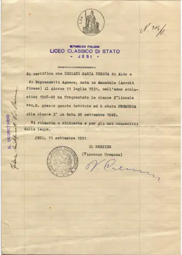 JESI, STAATLICHES KLASSISCHES GYMNASIUM, STEMPELPAPIERZERTIFIKAT L.24, 1951 m