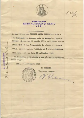 JESI, STAATLICHES KLASSISCHES GYMNASIUM, URKUNDE BRIEFMARKE L.24, 1951 m