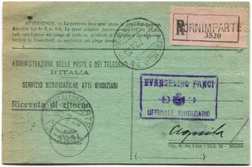 RÜCKSENDEBELEG GERICHTSAKTEN, 1929, EINGESCHRIEBEN VON TORNIMPARTE (AQ) m