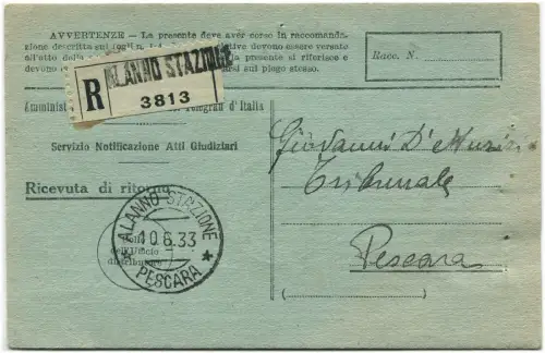 RÜCKSENDEBELEG GERICHTSAKTE, 1933, EMPFEHLUNG AB BAHNHOF PRO JAHR (PE) m