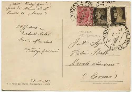 POSTKARTE FORTE DEI MARMI, NADEL 1943, C10 LÖWEN + 2 X C10 IMPERIAL m
