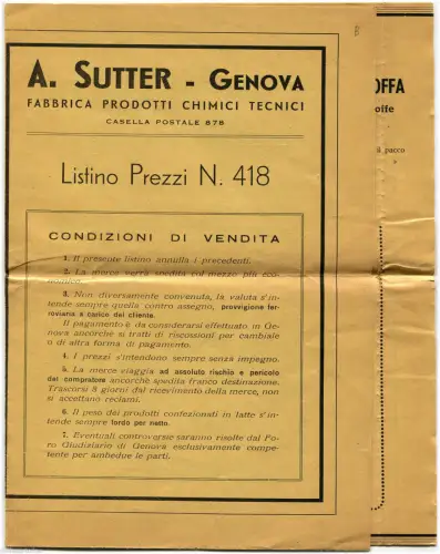 GENUA, FALTBARE PREISLISTE FABRIK TECHNISCHE CHEMIKALIEN A. SUTTER m
