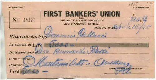 BOSTON, MASS. (USA), RECEIPT FIRST BANKERS' UNION, 1925, PER MONTEMILETTO (AV) m