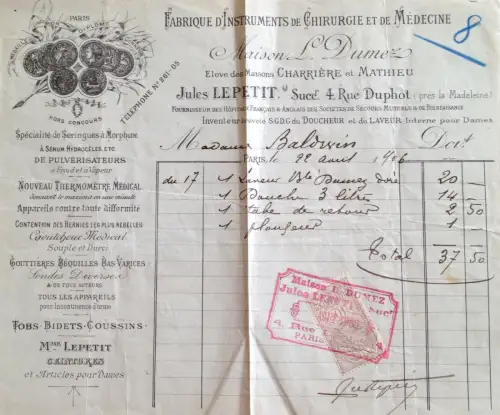 § PARIS - BRIEFKOPF MAISON L. DUMEZ 1906 - VERSIEGELTE UND ROT GESTEMPELTE RECHNUNG