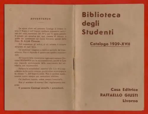LIVORNO, VERLAG R. JUSTI, STUDENTENBIBLIOTHEK KATALOG 1939 XVII m