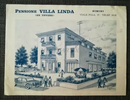 PENSION VILLA LINDA - Rimini - Broschüre mit Karte und Illustration Piergentili