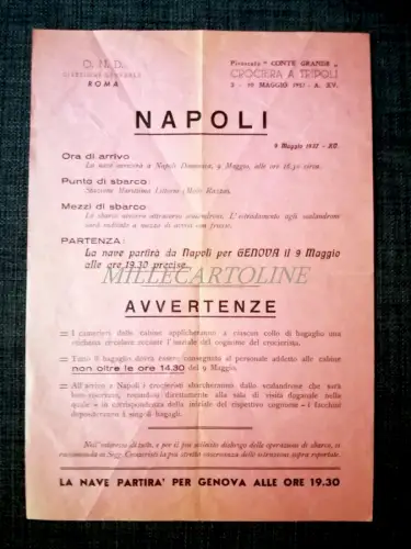 CROCIERA O.N.D. TRIPOLI S/S GRAF GRANDE - Programm Ankunft in Neapel 1937