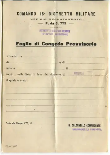 Kommando 16. Militärbezirk, P. da C. 773, Genua, zwei unbenutzte Zettel m