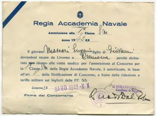 R. ACCADEMIA NAVALE Livorno, Ermäßigungsgenehmigung Tickets FF.SS., 1942