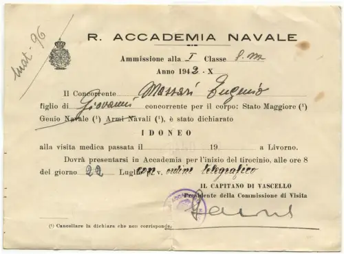 R. ACADEMIA NAVALE Livorno, Zulassungsberechtigung zur 1^ Klasse, 1942