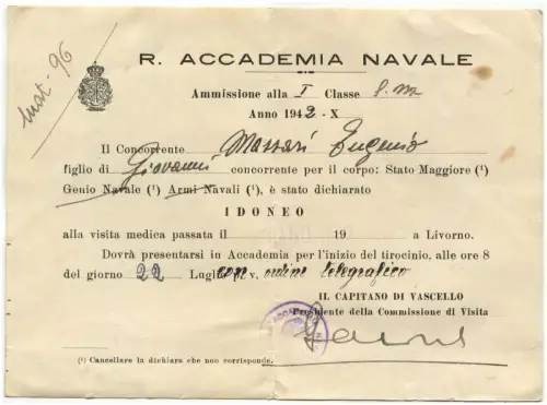 R. MARINEAKADEMIE Livorno, Zulassungsberechtigung zur 1^ Klasse, 1942