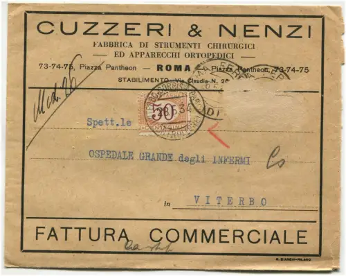ROM, Briefumschlag Cuzzeri & Nenzi chirurgische Instrumente, Steuermarken c50, 1934