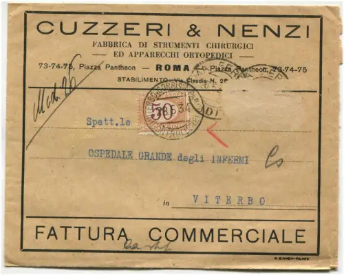 ROM, Briefumschlag Cuzzeri & Nenzi chirurgische Instrumente, Steuermarken c50, 1934